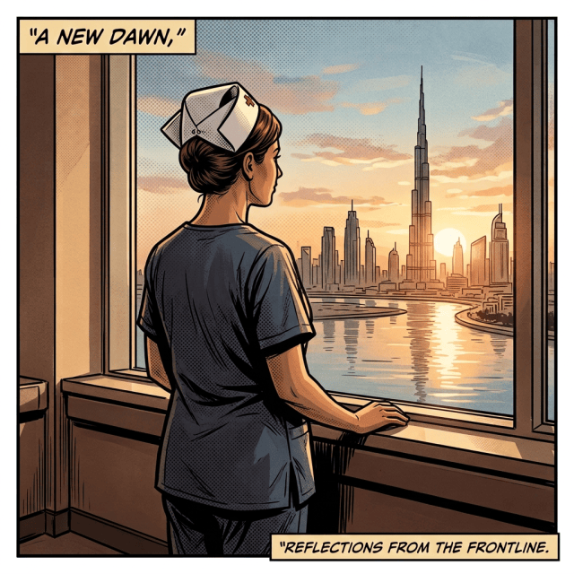 Woman in headscarf viewing city skyline through window at dawn