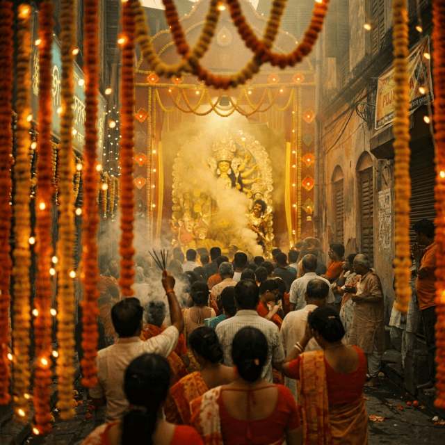 Historic stone alley decorated with marigold garlands and string lights