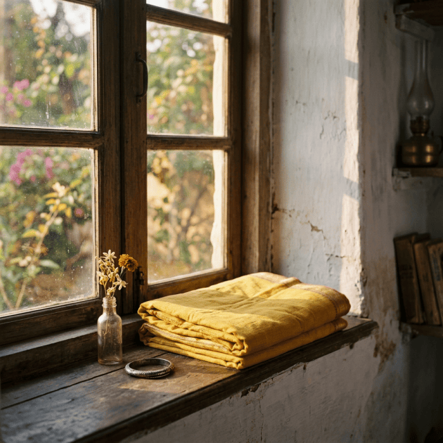 Folded yellow textiles, dried flowers, and a bracelet on a sunlit wooden windowsill